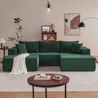 Mangodan 110” Cloud Sectional Couch, Boneless Sofa for Living Room, Modular Sectional Sofa with Deep Seat, Comfy Fluffy U-Shaped Couch with Right-Facing Chaise, No Assembly Required, Green