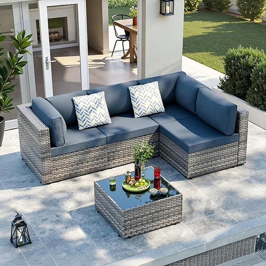SUNLEI 5 Piece Patio Furniture Sets, Low Back All-Weather Rattan Sectional Sofa with Tea Table&Washable Couch Cushions, Patio Furniture Sets, Silver Rattan