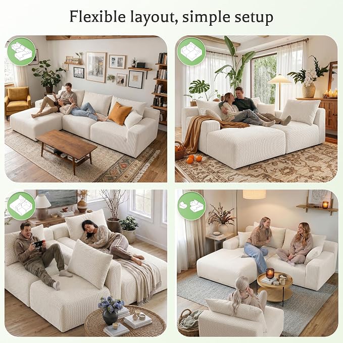 Homkdom 98" Boneless Modular Sectional Sofa, Cloud Couch with 27" Deep Seat & Oversized Chaise, L-Shaped High-Density Foam Sofa for Living Room, No Assembly Required (White-Check, Left Facing)