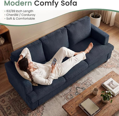 YOUDENOVA Sofa, 89" 3-Seater Deep Seat Sofa, Modern Comfy Couches for Living Room Apartment Lounge, Blue Corduroy