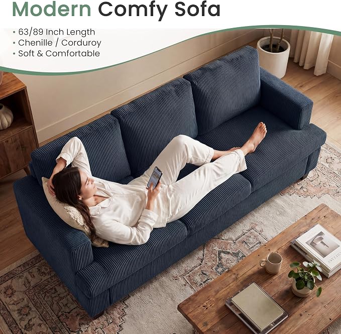 YOUDENOVA Sofa, 63” Comfy Loveseat Sofa with Deep Seats, Couch for Living Room, Modern Sleeper Couch, Blue Corduroy