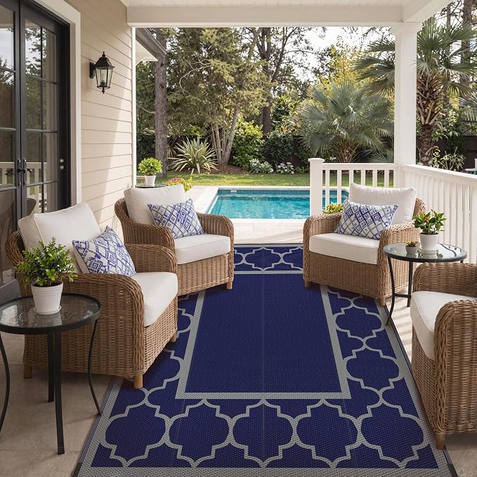 GENIMO 6' x 9' Outdoor Rug Waterproof for Patio Decor, Foldable Reversible Plastic Straw Area Rugs Mat for Camper, Outside Carpet for Rv, Deck, Porch, Picnic, Beach, Balcony, Blue & Grey