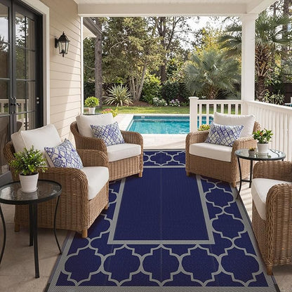 GENIMO Outdoor Rug 5' x 8' Patio Waterproof, Foldable Reversible Plastic Straw Area Rugs Mat for Camper Decor, Outside Carpet for Rv, Deck, Porch, Picnic, Beach, Balcony, Blue & Grey