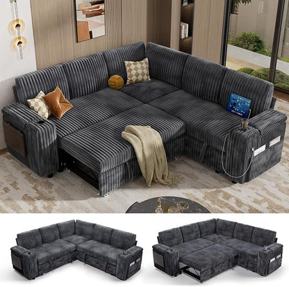 Vipbear 86" Modular Sectional Sleeper Sofa with Pull Out Bed, 5 Seat Plush Corduroy L Shaped Couch with Storage Seat|USB Ports|Cup Holders|Side Table|Storage Armrests, Tool Free Assembly, Grey