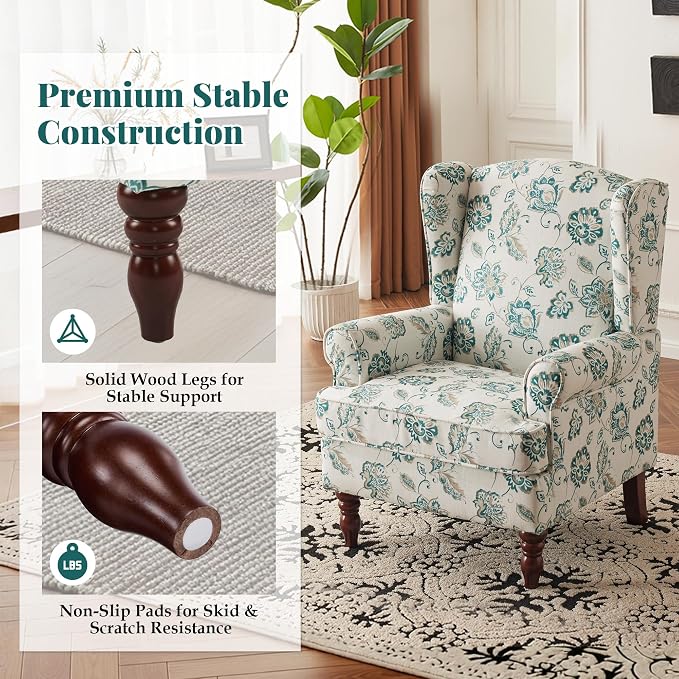 EROMMY Floral Accent Chair, Comfortable High Back Upholstered Armchair with Solid Wood Legs, Leisure Single Sofa Chair for Living Room, Home Office, Bedroom, Light Cyan Floral