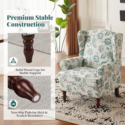EROMMY Floral Accent Chair, Comfortable High Back Upholstered Armchair with Solid Wood Legs, Leisure Single Sofa Chair for Living Room, Home Office, Bedroom, Light Cyan Floral