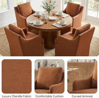 VKNOW Upholstered Dining Chairs, Modern Kitchen Chairs Dinner Chairs with 4 Casters, Chenille Armchair for Bedroom Reading Room Living Room, Orange