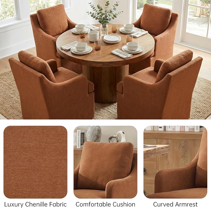 VKNOW Upholstered Dining Chairs Set of 4, Modern Kitchen Chairs Dinner Chairs with 4 Casters, Chenille Armchair for Bedroom Reading Room Living Room, Orange
