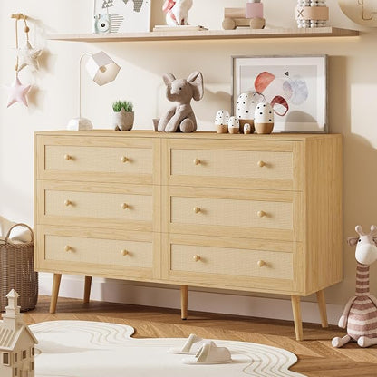 Rattan 6 Drawer Dresser for Bedroom, 47.3" Wide Dresser Chest of Drawers, Boho Wood Dresser TV Stand with Wood Handles, Storage Dressers Closet Organizer for Living Room Hallway, Natural Oak