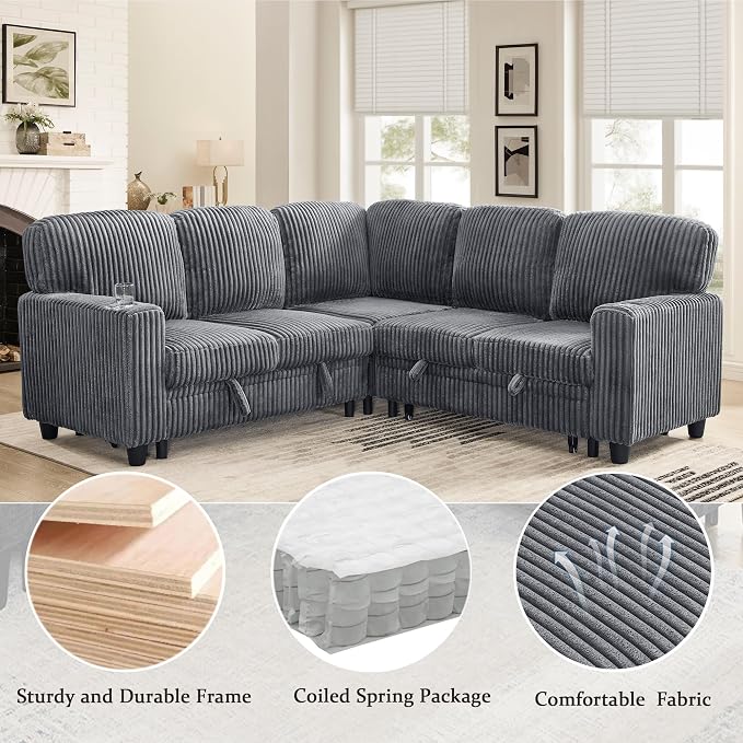 Sectional Sleeper Sofa with Pull Out Bed, Plush Corduroy L Shaped Corner Couch with Storage, USB Ports, Cup Holders, Comfy Sectional Couches for Living Room, Grey