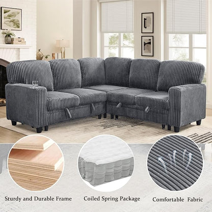 Sectional Sleeper Sofa with Pull Out Bed, Plush Corduroy L Shaped Corner Couch with Storage, USB Ports, Cup Holders, Comfy Sectional Couches for Living Room, Grey