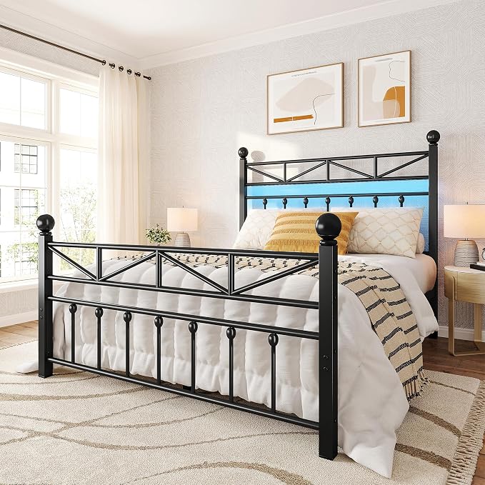 EnHomee 14.2" Metal Full Size Bed Frame with Tall Headboard & Footboard, LED Light Full Bed Frame, Strong Slats Support and Noise-Free Design with Under Bed Storage/No Box Spring Needed/Black