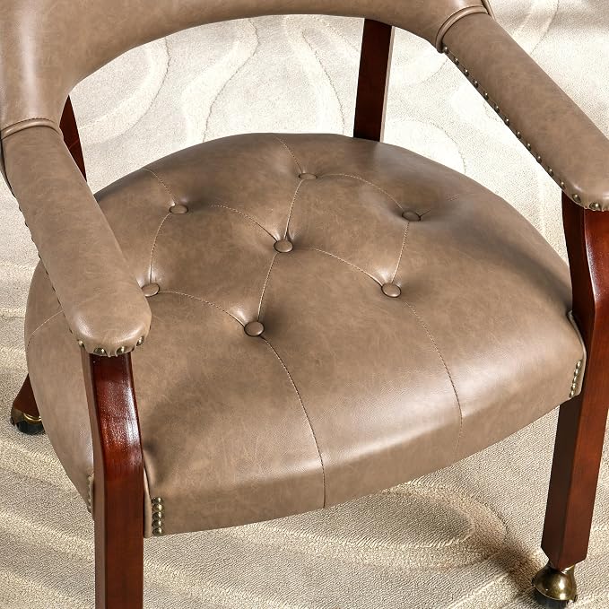 LEEMTORIG Set of 8 Large Dining Chairs with Casters and Arms, Rolling Dining Chairs with Wheels, Accent Poker Game Chairs, Wood Office Chairs, Cherry Legs & Yellowish Brown PU SY-1533-PMB08