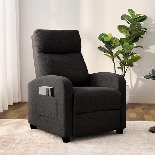 Recliner Chair for Living Room, Modern Adjustable Home Theater Seating Single Sofa Manual Push Back Armchair with Soft Linen Upholstery & High Backrest for Small Spaces, Linen-Black