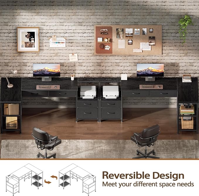 Korfile 65 Inch L Shaped Computer Desk with Power Outlets, Reversible Home Office Desk with 4 Fabric Drawers & 2 Adjustable Mesh Shelves, Corner Study Work Desk with Larger Storage, Black