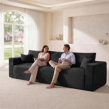 Modular Sectional Sofa, 115" Memory Foam Cloud 3-Seater Boneless Couch, Cozy Upholstered Corduroy Frameless Sofa, No Assembly Required Extra Wide Seating for Living Room & Apartment, Black