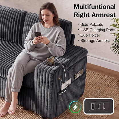 WEUP 86" Modular Sectional Sleeper Sofa with Pull Out Bed, 3 Seat Plush Corduroy L Shaped Couch with USB Ports|Cup Holders|Side Table|Storage Chaise Armrests, Tool Free Assembly, Grey