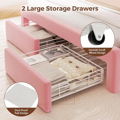 Queen LED Bed Frame with Storage Headboard & 2 Storage Drawers, Princess Velvet Upholstered Bed with Vertical Tufted Headboard Design for Girls, USB & Type-C Charging Ports, Wooden Slats Support, Pink