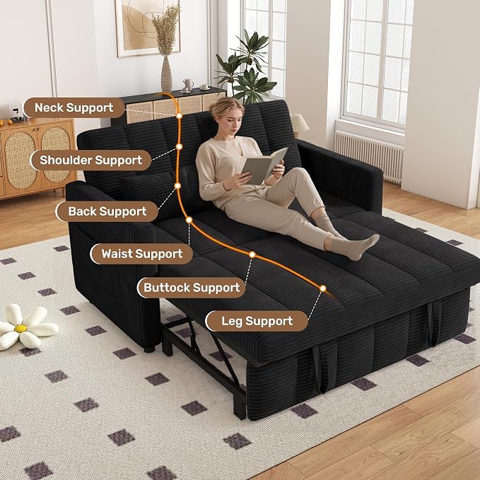 Nebuaegis Sleeper Sofa Bed,3-in-1 Convertible Pull Out Couch with Adjustable Backrest for Living Room,Loveseat Sofa Bed with Side Pockets,Easy Assembly,Black,1 PCS