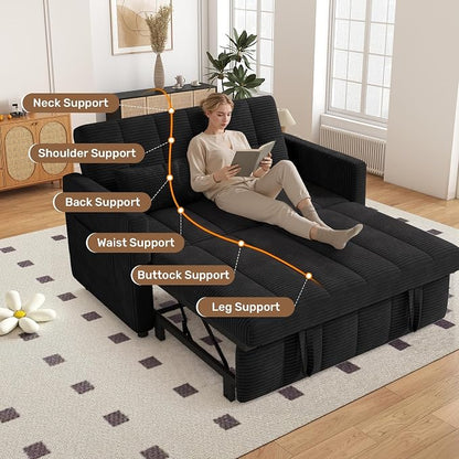 Nebuaegis Sleeper Sofa Bed,3-in-1 Convertible Pull Out Couch with Adjustable Backrest for Living Room,Loveseat Sofa Bed with Side Pockets,Easy Assembly,Black,1 PCS