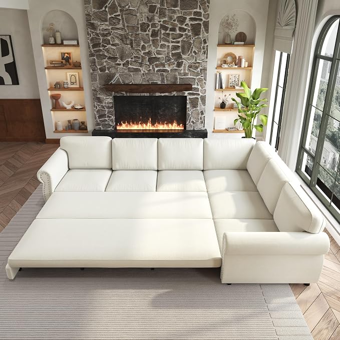 118" L-Shaped Sleeper Couch Bed - Oversize Convertible with Pull-Out Sofa Bed, Button Tufted Chesterfield Sofa, Chenille Sectional Vintage Couches for Living Room/Apartment(6-Seater, Beige)