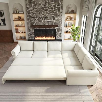 118" L-Shaped Sleeper Couch Bed - Oversize Convertible with Pull-Out Sofa Bed, Button Tufted Chesterfield Sofa, Chenille Sectional Vintage Couches for Living Room/Apartment(6-Seater, Beige)