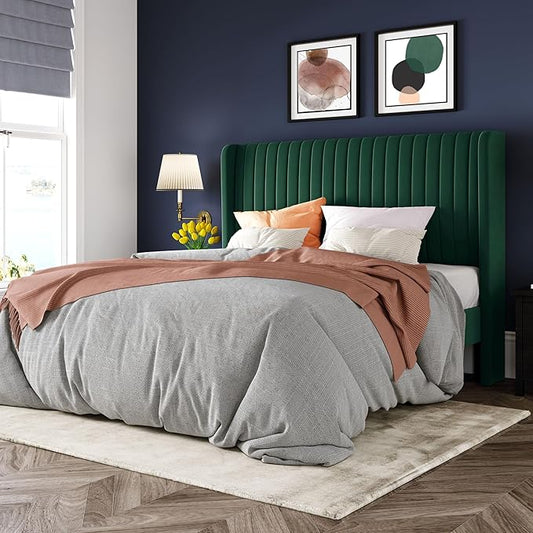 Allewie Full Size Bed Frame/Velvet Upholstered Platform Bed/Vertical Channel Tufted Wingback Headboard/Strong Wooden Slats/No Box Spring Needed/Easy Assembly/Green