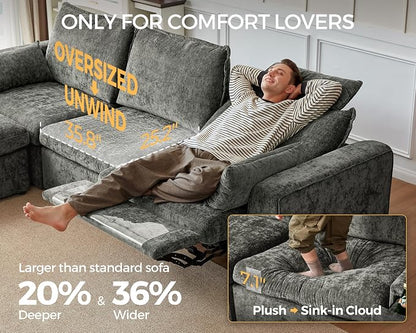 Oversized Modular Sectional Sofa with Double Power Recliner, Cloud Reclining Couch with Headrest, Storage Drawer Charging Cup Holders, Deep L-Shaped 6 Seater with Corner, Chenille, Grey