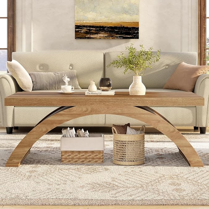 HSH 47" Modern Rectangle Wood Coffee Table for Living Room, Arched Base | Large Rectangular Center Table, Low Table with Sculptural Arched Base, Annual Ring Wood Grain, 200 lb Capacity, Easy Assembly