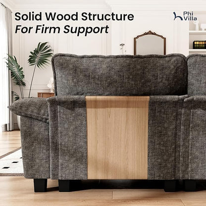 PHI VILLA Cloud Modular Couch Sets, 123.6" Sectional Sofa with L-Shaped Chaise, 4-Seater Upholstered Couches with Movable Ottoman for Living Room, Chenille Fabric, Smoky Grey