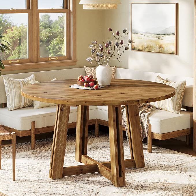 47.3" Solid Wood Dining Table for 4-6, Round Kitchen Table with Wood Legs, Farmhouse Kitchen & Dining Room Furniture, Brown
