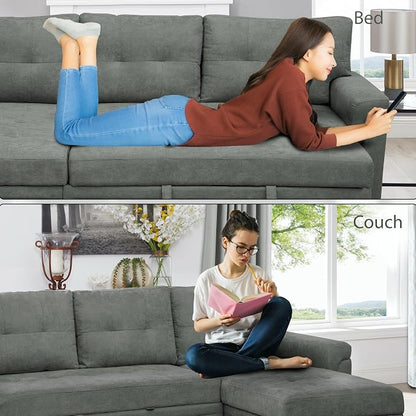 Naomi Home 84" L-Shaped Sectional Sleeper Sofa with Pull Out Bed | Sleeps Guests Comfortably, Stores Essentials in Chaise & Saves Space, Velvet, Gray Convertible Sofa Bed