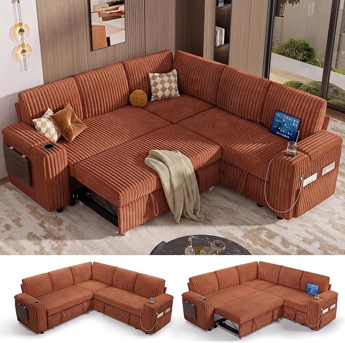 Vipbear 86" Modular Sectional Sleeper Sofa with Pull Out Bed, 5 Seat Plush Corduroy L Shaped Couch with Storage Seat|USB Ports|Cup Holders|Side Table|Storage Armrests, Tool Free Assembly, Orange