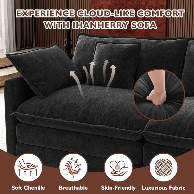 Ihanherry 114" V-Shaped Modern Sofa Modular Sectional Cloud Couch with Corner Section, 5-Seat Chenille Deep Seat Sofa with 5 Pillows for Living Room, Bedroom and Apartment, Black