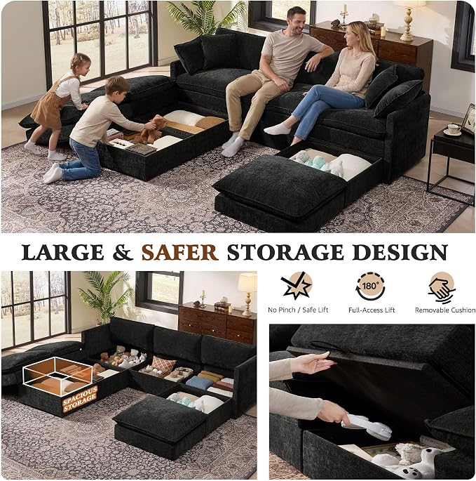 Ihanherry Oversized Sectional Sofa Bed with Storage, 103” 6-Seater Modular Cloud Couch with Movable Ottomans, Chenille Deep Seat Sleeper Couches for Living Room (Black)