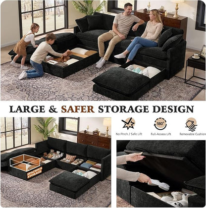 Ihanherry Oversized Sectional Sofa Bed with Storage, 103” 6-Seater Modular Cloud Couch with Movable Ottomans, Chenille Deep Seat Sleeper Couches for Living Room (Black)
