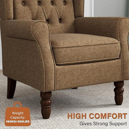 Wingback Accent Chair, High Back Arm Chair for Living Room, Button-Tufted Upholstered Fabric Armchair with Solid Wood Legs, Comfy Single Sofa Reading Chair for Bedroom, Brown