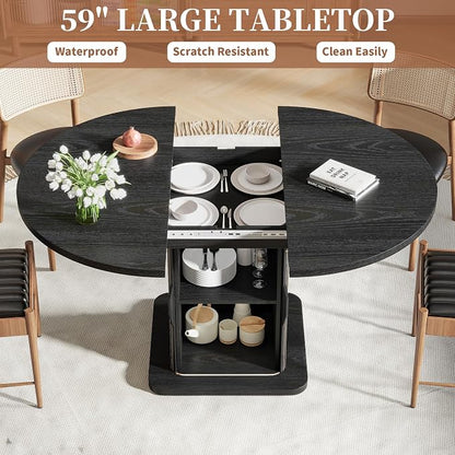 Extendable Black Round Dining Table for 4-6-8, 59 Inch Kitchen Dining Room Table with Storage, Modern Oval Circle Dinner Furniture, Fluted Wood Slide Door, for Home, Living Room, Farmhouse, Black