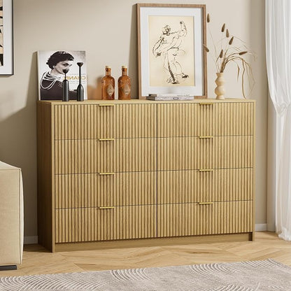 Furniway Mid Century Modern Dresser for Bedroom, 8 Drawer Wood Dresser with Fluted Front, 55" Wide Chest of Drawers for Closet, Living Room, Hallway, Natural Oak
