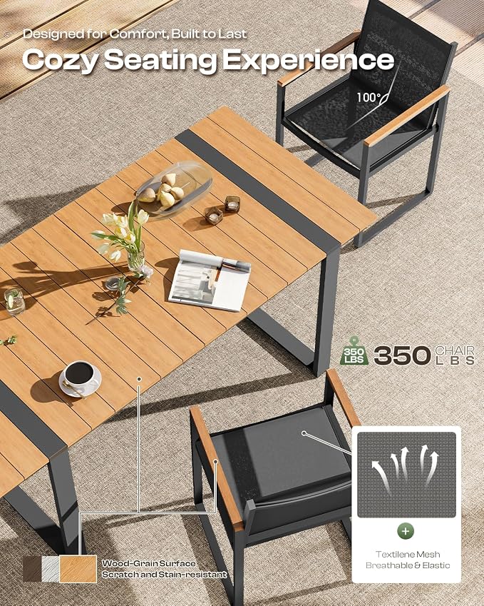 Outdoor Table and Chairs of 4, Patio Dining Sets, HDPS + Aluminum Outdoor Furniture Set with Umbrella Hole, Patio Dining Table Set (Gray-Teak)