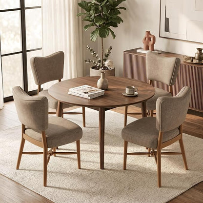 Mid Century Dining Chairs Set of 4, Linen Seat, Wood Legs, Brown | Farmhouse, Upholstered Padded Cushion, Solid Wood Cross-Brace, Easy 15-Min Assembly, Kitchen Dining Room