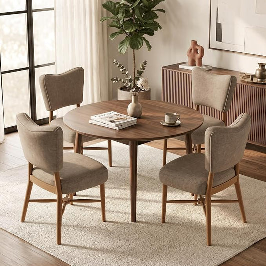 Mid Century Dining Chairs Set of 4, Linen Seat, Wood Legs, Brown | Farmhouse, Upholstered Padded Cushion, Solid Wood Cross-Brace, Easy 15-Min Assembly, Kitchen Dining Room