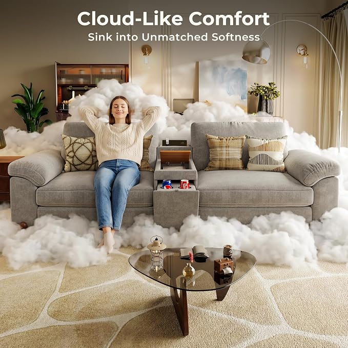 SITJOY Large Cloud Couch, 138" Wide 6 Seater V Shape, Light Gray Chenille | Detachable and Washable Chenille Cover Sectional Sofas for Living Room, Deep Seat Wide Couch with Chaise, Storage Ottoman