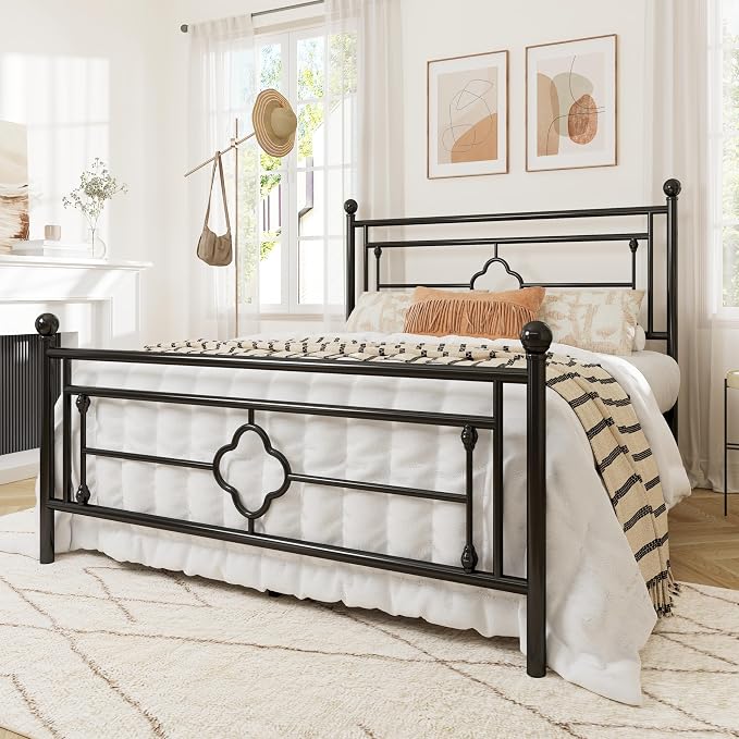 Allewie Queen Size Metal Platform Bed Frame with Victorian Vintage Headboard and Footboard/Mattress Foundation/Under Bed Storage/No Box Spring Needed/Noise-Free/Easy Assembly, Black