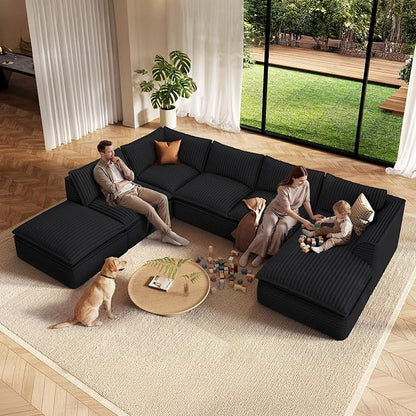 Vesgantti 141.7" Oversized Sectional Boneless Couch, Modern 7 Seater Modular Sofa with Chaise & Ottoman, Deep Seat Plush Corduroy Cloud Couches for Living Room, No Assembly Required, Black