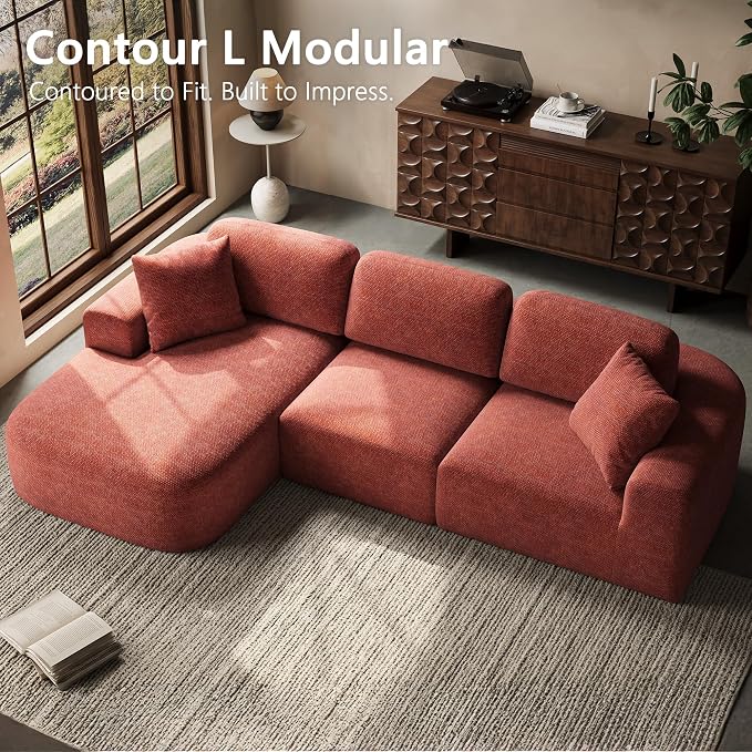 Dowinx 107" Boneless Cloud Couch, Modular Sectional Sofa with Deep Seat & Chaise, No Assembly Sofa-in-Box, Convertible L-Shape for Living Room Apartment, Brownish Red