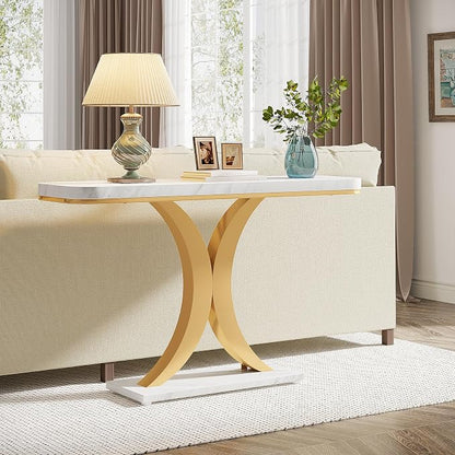 LITTLE TREE Narrow Entryway Console Table, Small, White+Gold