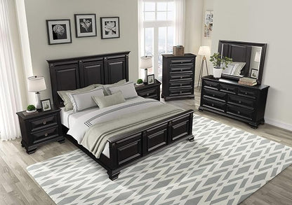 Roundhill Furniture Renova Vintage Black Wood Bedroom Set, King Panel Bed, Dresser, Mirror, Two Nightstands, Chest
