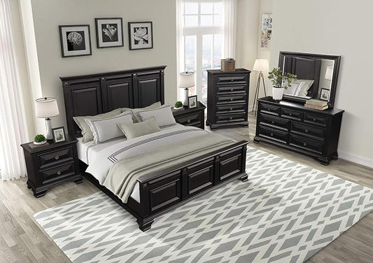 Roundhill Furniture Renova Vintage Black Wood Bedroom Set, King Panel Bed, Dresser, Mirror, Two Nightstands, Chest