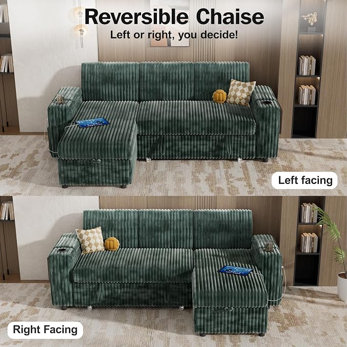 WEUP 86" Modular Sectional Sleeper Sofa with Pull Out Bed, 3 Seat Plush Corduroy L Shaped Couch with Storage Chaise|USB Ports|Cup Holders|Side Table|Storage Armrests, Tool Free Assembly, Green